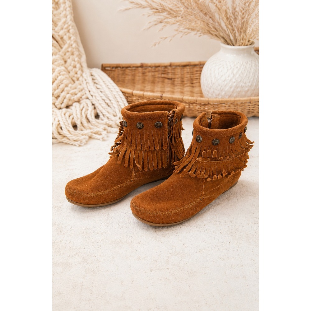 Minnetonka Double Fringe Suede Leather Side Zip Boots Brown Boho Hippie Size 7.5